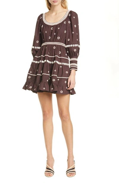 Shop Ulla Johnson Adama Beaded Long Sleeve Minidress In Chocolate