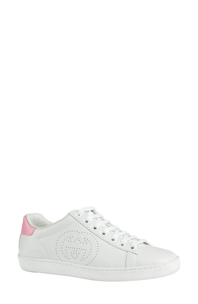 Shop Gucci New Ace Perforated Logo Sneaker In White/ Rose