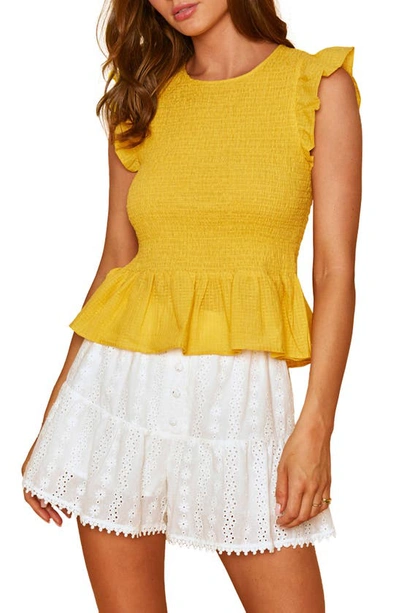 Shop Lost + Wander Daffodil Smocked Peplum Cotton Top In Yellow