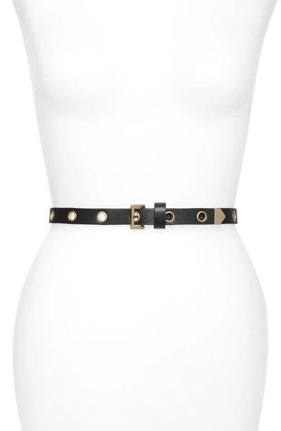 Shop Allsaints Skinny Eyelet Leather Belt In Black/ Warm Brass