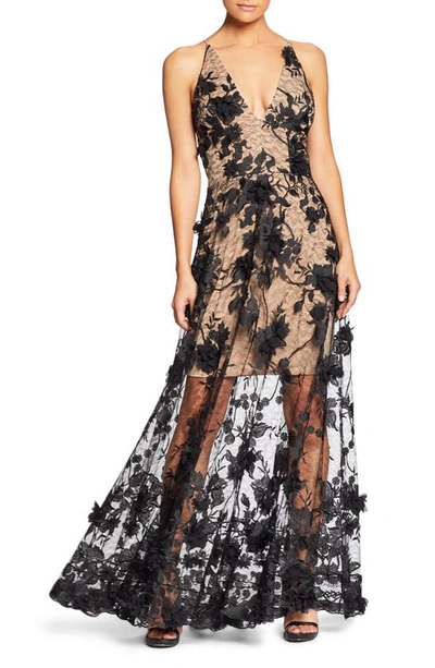 Shop Dress The Population Sidney Deep V-neck 3d Lace Gown In Black/nude