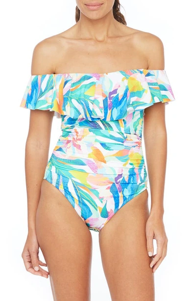 Shop La Blanca Wild Tropic Off The Shoulder Ruffle Mio One-piece Swimsuit In Multi