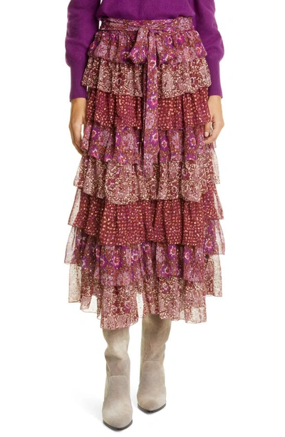 Shop Ulla Johnson Fayanna Metallic Tiered Silk Skirt In Claret Patchwork