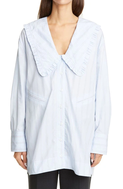 Shop Ganni Ruffle Collar Stripe Cotton Oversized Shirt In Heather