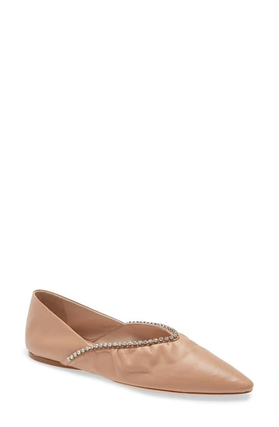 Shop Miu Miu Crystal Embellished Pointed Toe Ballet Flat In Beige