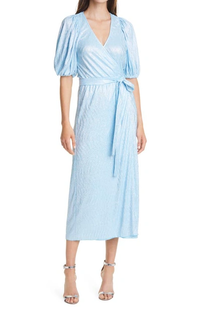 Shop Rotate Birger Christensen Frida Short Sleeve Wrap Dress In Bachelor Button Combo