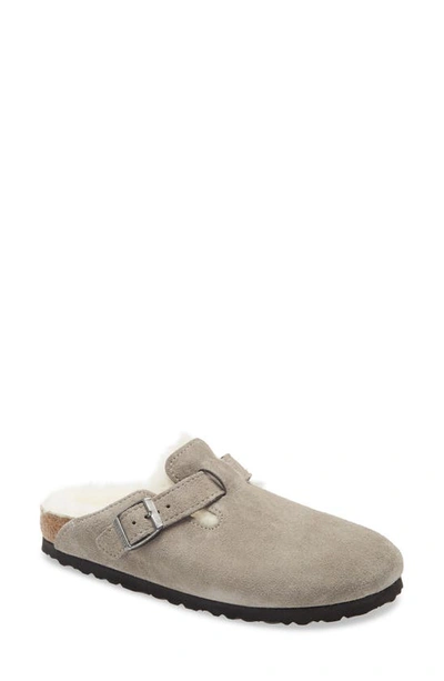 Birkenstock Boston Genuine Shearling Lined Clog In Stone Coin Suede
