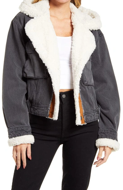 We The Free By Perry Hooded Denim Jacket With Faux Shearling Trim In Washed Black