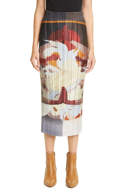 Shop Burberry Meditation Print Satin Plisse Midi Skirt In Multicolour Ip Pttn