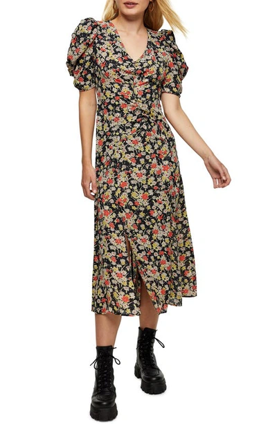 Shop Topshop Grunge Floral Print Midi A-line Dress In Black Multi