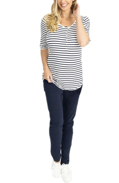 Shop Angel Maternity Maternity/nursing Henley & Lounge Pants Set In Navy White Stripe