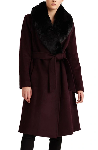 Shop Lauren Ralph Lauren Wool Blend Belted Wrap Coat With Faux Fur Collar In Burgundy