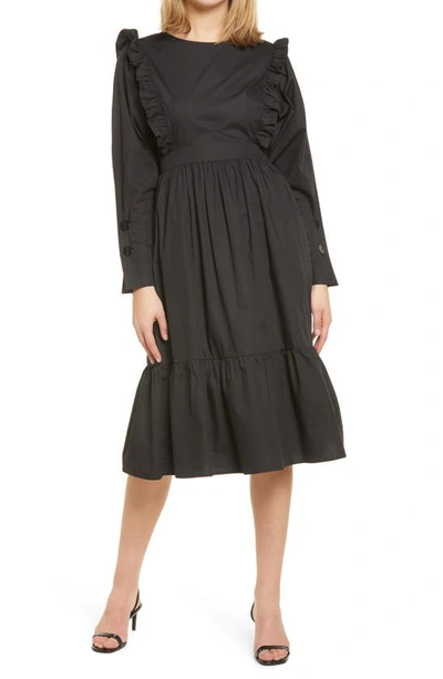 Shop English Factory Ruffle Tiered Long Sleeve Midi Dress In Black