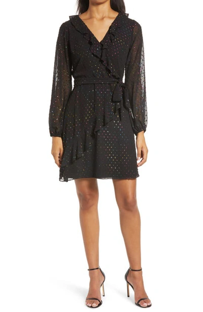 Shop Julia Jordan Metallic Dot Faux Wrap Long Sleeve Dress In Black Multi