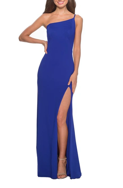 Shop La Femme One-shoulder Jersey Gown In Royal Blue