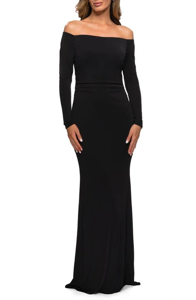 Shop La Femme Off The Shoulder Long Sleeve Jersey Gown In Black