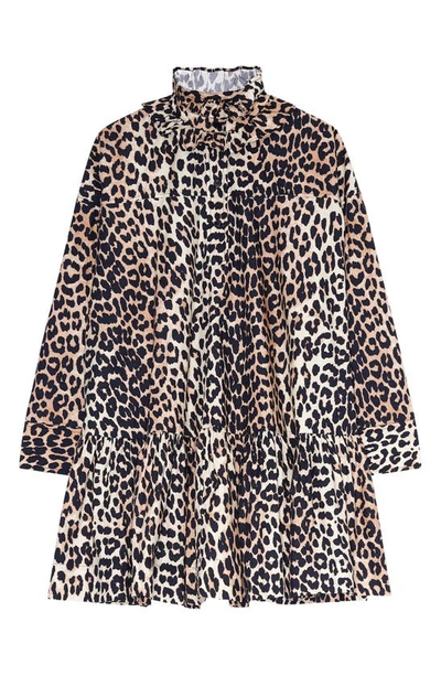 Shop Ganni Animal Print Ruffle Collar Long Sleeve Organic Cotton Poplin Dress In Leopard