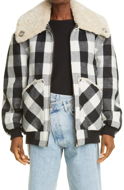 Shop R13 Exaggerated Genuine Shearling Collar Bomber Jacket In B/ W