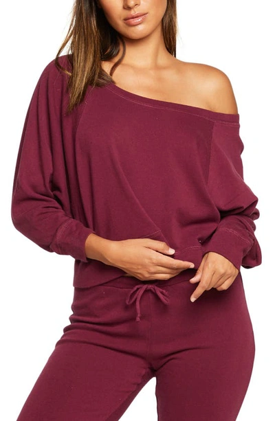 Shop Chaser One-shoulder Batwing Sleeve Crop Sweatshirt In Pomegranate