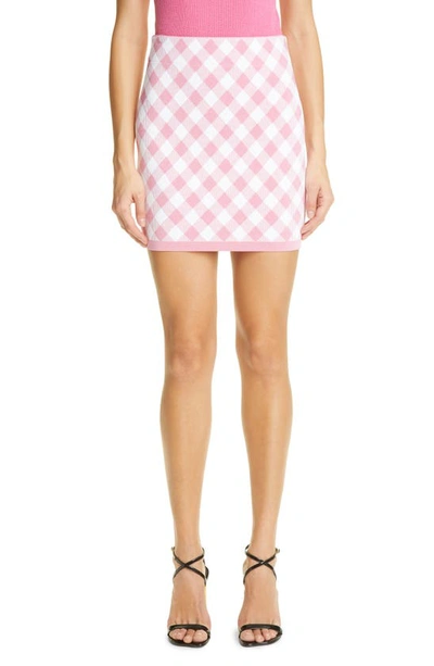 Shop Balmain High Waist Short Gingham Jacquard Skirt In Rose/ Blanc