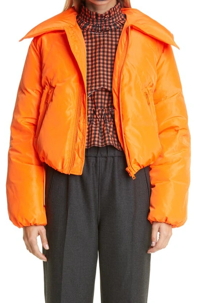 Shop Ganni Crop Tech Down Puffer Jacket In Flame