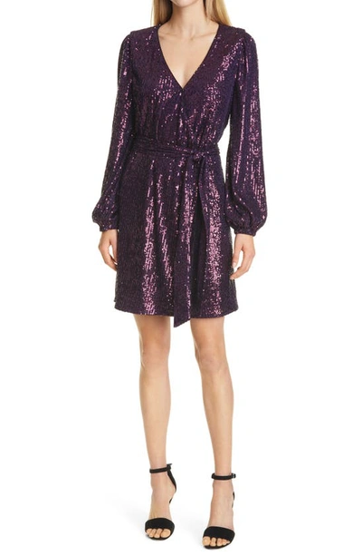 Shop Milly Siena Sequin Wrap Front Long Sleeve Dress In Plum