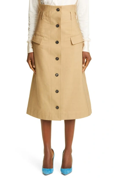 Shop Victoria Beckham High Waist Button-up Midi Skirt In Taupe