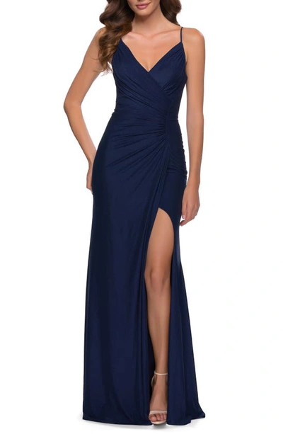 Shop La Femme Strappy Back Ruched Jersey Gown In Navy