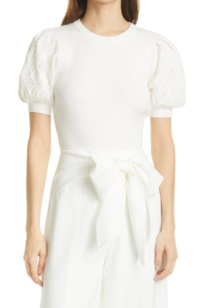 Shop Milly Rib Pointelle Short Sleeve Sweater In White