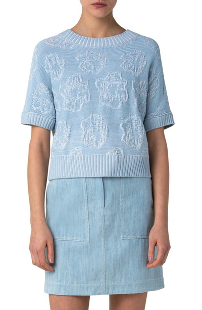 Shop Akris Punto Flower Jacquard Short Sleeve Sweater In Sun Bleached Denim