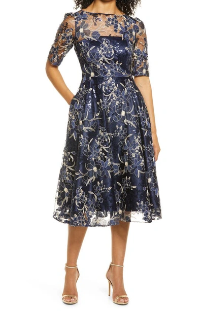 Shop Eliza J Sequin Floral Embroidery Fit & Flare Cocktail Midi Dress In Navy
