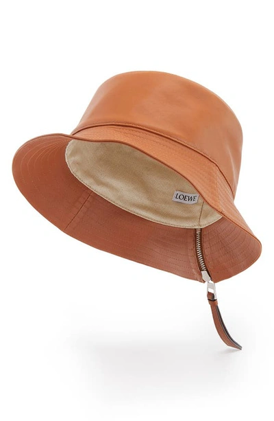 Shop Loewe Logo Zip Leather Bucket Hat In Tan