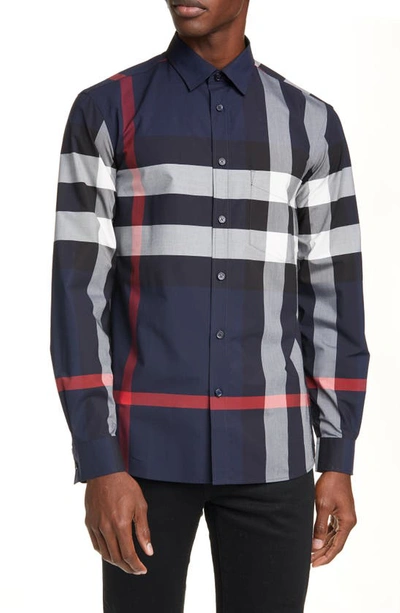 Shop Burberry Somerton Check Button-up Shirt In Navy