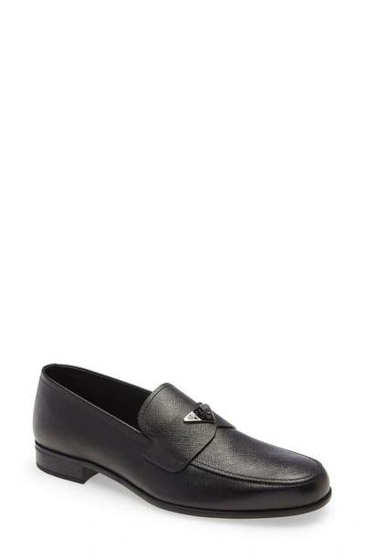 Prada Leather Loafers With Round Toe And Sole In Black