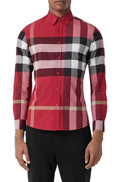 Shop Burberry Somerton Check Stretch Cotton Button-up Shirt In Red