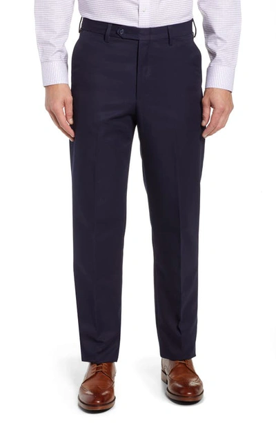Shop Berle Classic Fit Flat Front Microfiber Performance Trousers In Navy