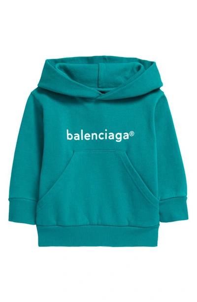 Shop Balenciaga Kids' Classic Logo Cotton Hoodie In Dark Turquoise/ White
