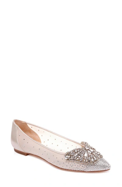 Shop Badgley Mischka Quinn Embellished Pointed Toe Flat In Ivory Satin/ Mesh