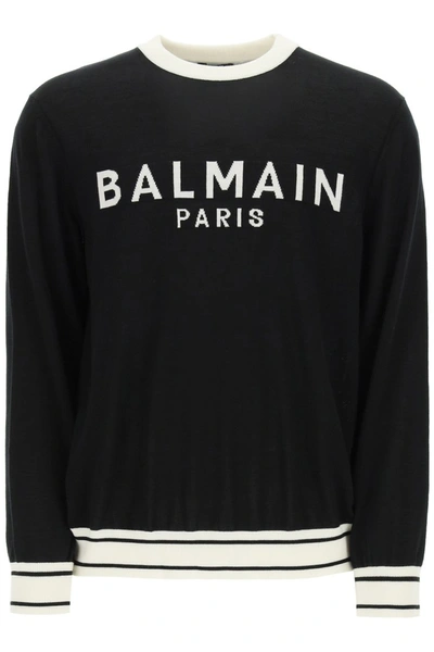 Shop Balmain Logo Intarsia Wool Sweater In Noir Blanc