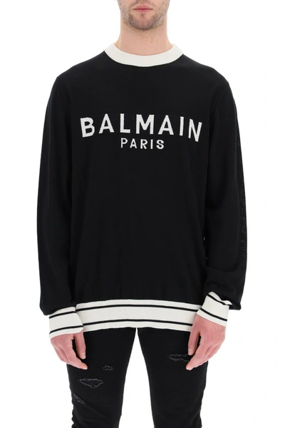 Shop Balmain Logo Intarsia Wool Sweater In Noir Blanc