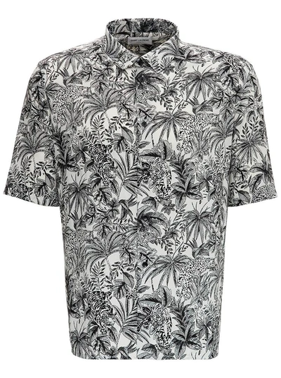 Shop Saint Laurent Floral Viscose Shirt With Jungle Cat Print In Grey