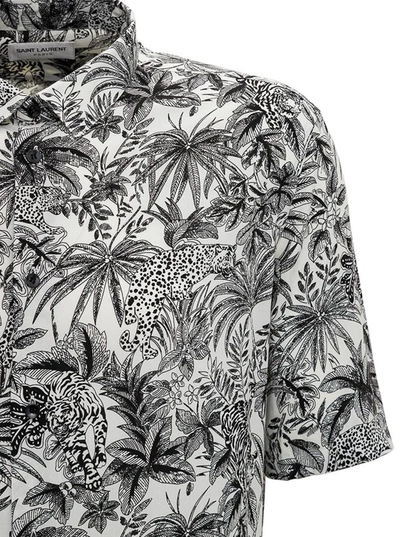 Shop Saint Laurent Floral Viscose Shirt With Jungle Cat Print In Grey