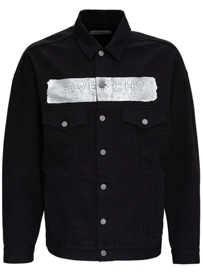 Shop Givenchy Denim Jacket With Metallic Latex Logo Detail In Black