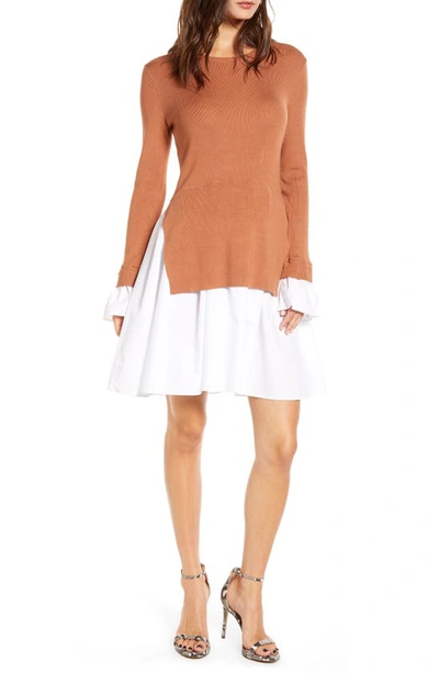 Shop English Factory Combo Knit & Poplin Dress In Brown