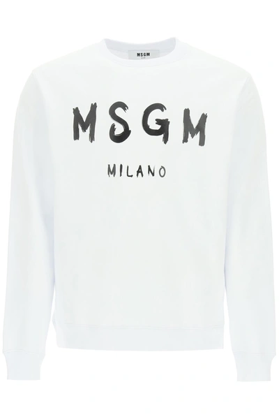 Msgm Cream Cotton Crewneck Sweatshirt With Brush Logo Print In Off White