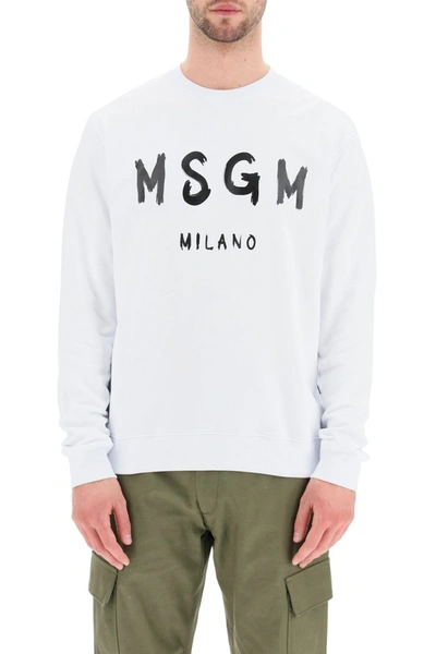 Msgm Cream Cotton Crewneck Sweatshirt With Brush Logo Print In Off White