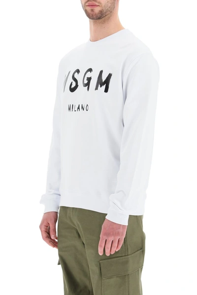 Msgm Cream Cotton Crewneck Sweatshirt With Brush Logo Print In Off White