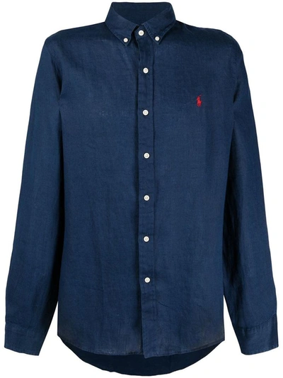 Shop Polo Ralph Lauren Blue Linen Shirt With Logo
