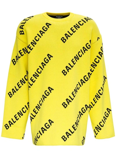 Shop Balenciaga Cotton Sweater With Allover Logo In Yellow