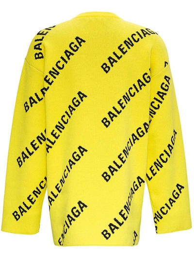 Shop Balenciaga Cotton Sweater With Allover Logo In Yellow